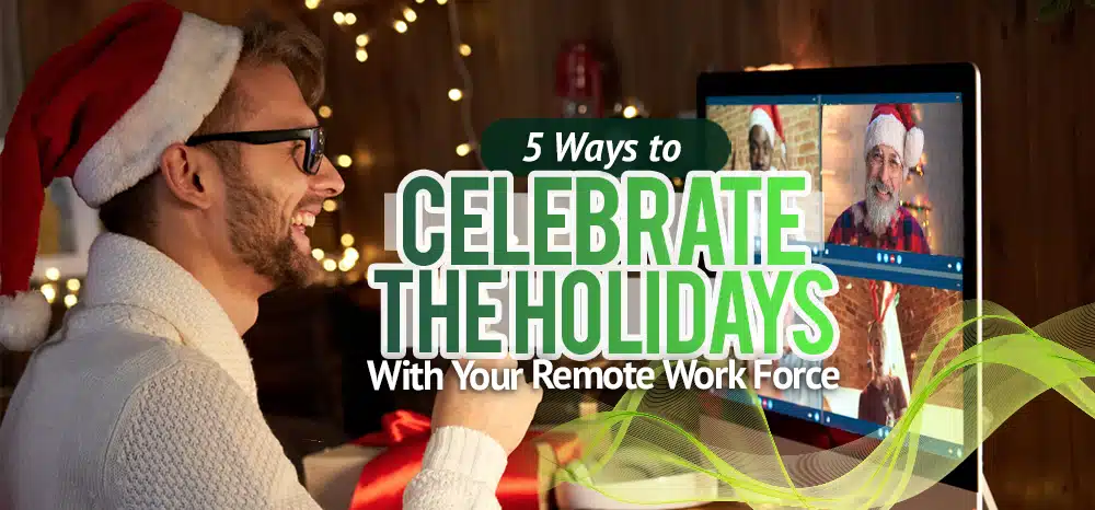 Virtual Christmas celebration with remote workers on a video call